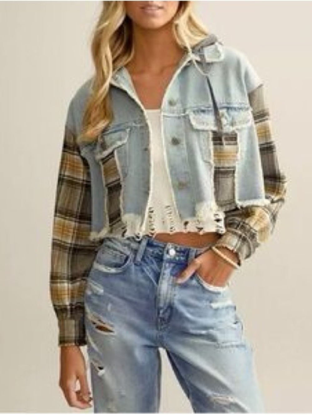 Miss Me Light Blue Denim & Plaid Hooded Cropped Jacket- Raw hem